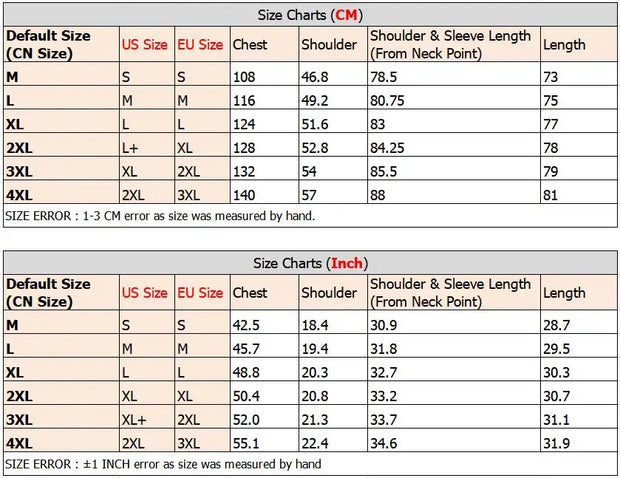 Size chart comparing CM and Inch measurements for clothing sizes.
