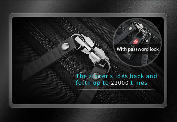 Black zipper with metal slider on a black background, featuring text about password lock and zipper lifespan.