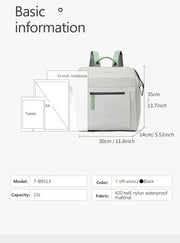 Backpack with dimensions and feature details on a white background