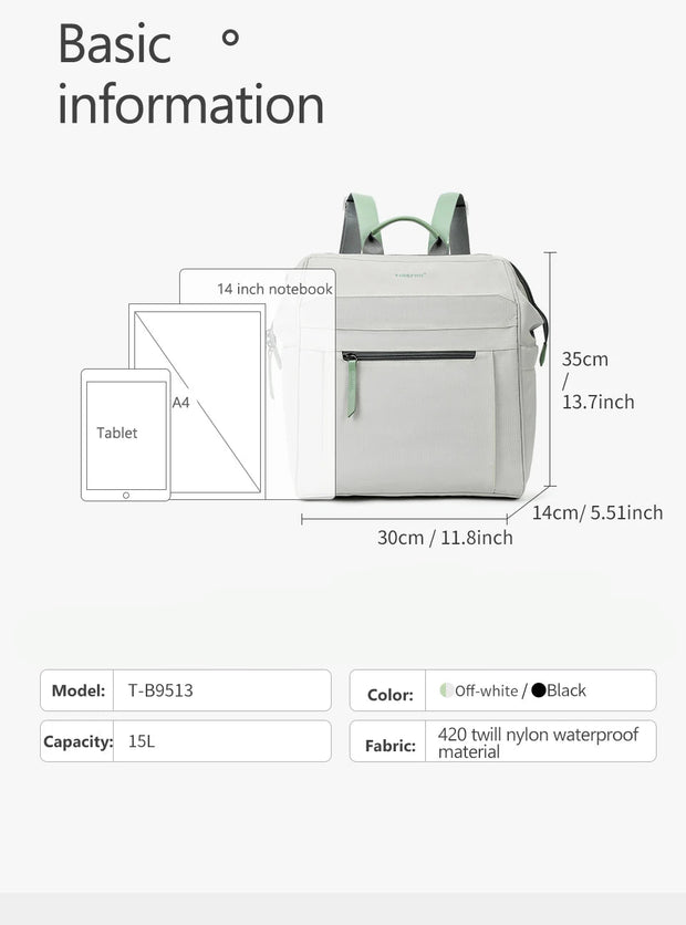 Backpack with dimensions and feature details on a white background