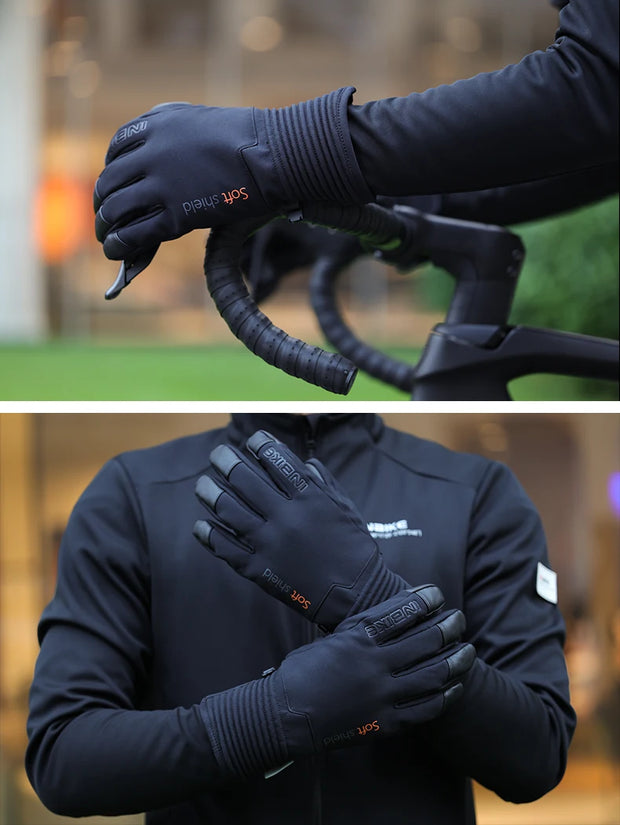Person wearing black gloves with visible branding, one on a blurred background of a bicycle, the other against a blurred indoor background.