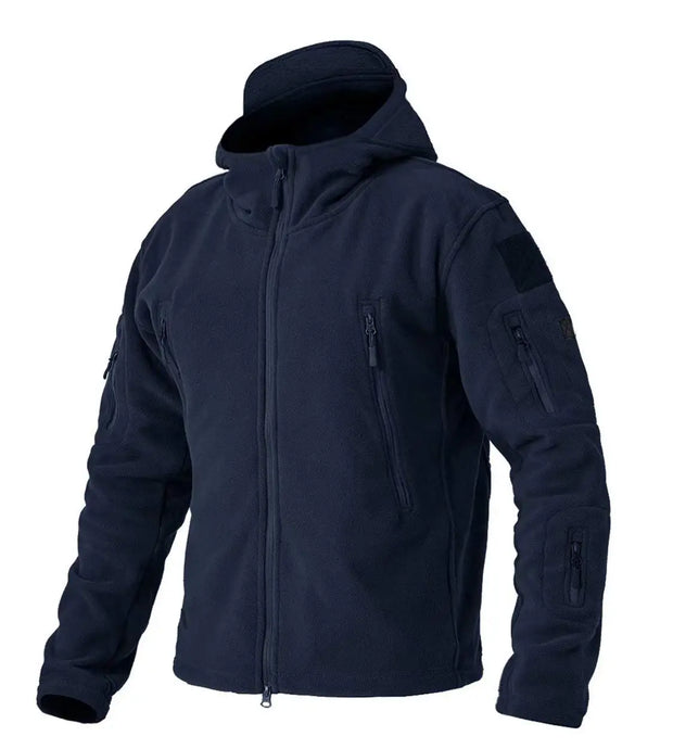 Navy blue tactical jacket with multiple pockets on a white background