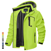 Fluorescent green jacket with black accents on a white background