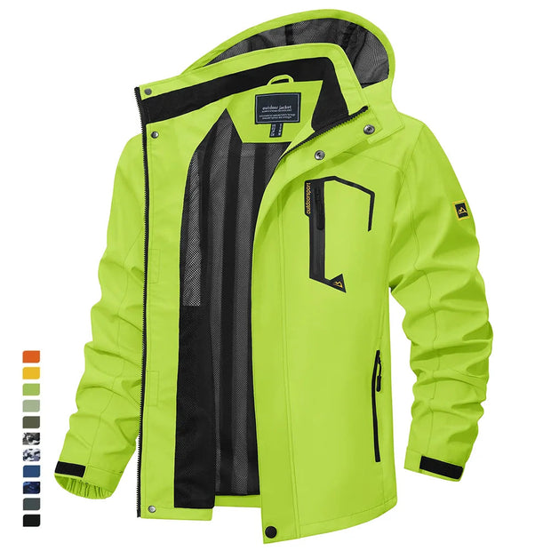 Fluorescent green jacket with black accents on a white background