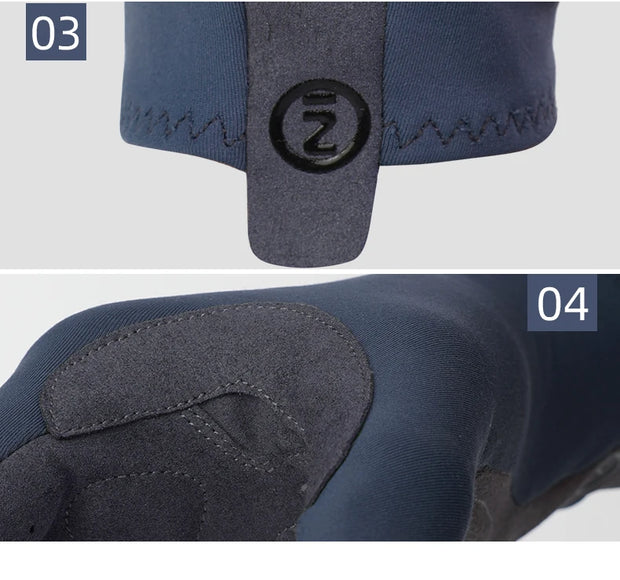 Close-up of a blue and gray knee pad with a brand logo on a light gray background.
