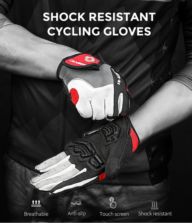 Shock resistant cycling gloves with text and icons on a dark background