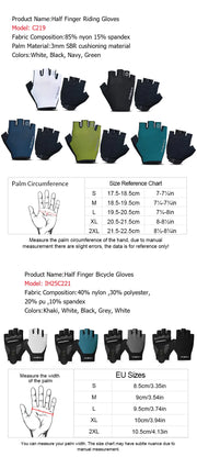 Product details of half finger cycling gloves with size chart and color options.