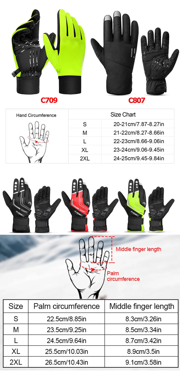 Glove size chart with various glove styles and measurements.