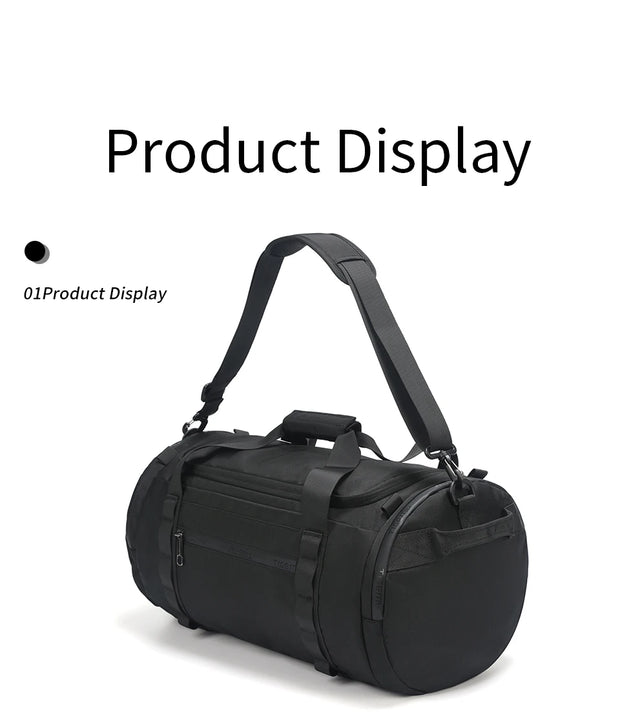 Black duffel bag with a strap on a white background
