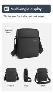 Black shoulder bag displayed from front, side, and back angles on a white background.