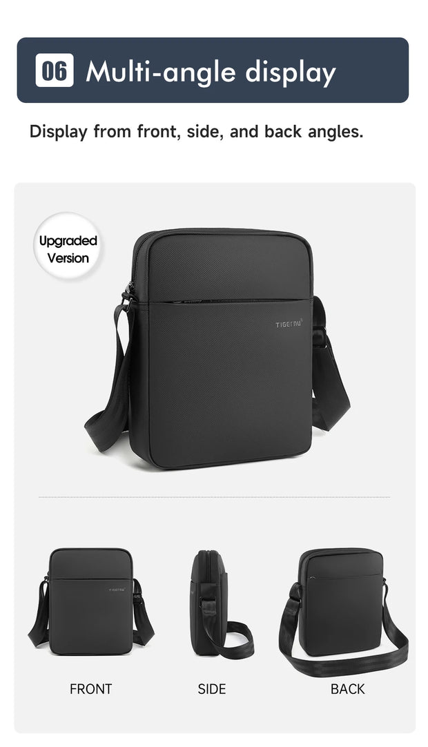 Black shoulder bag displayed from front, side, and back angles on a white background.