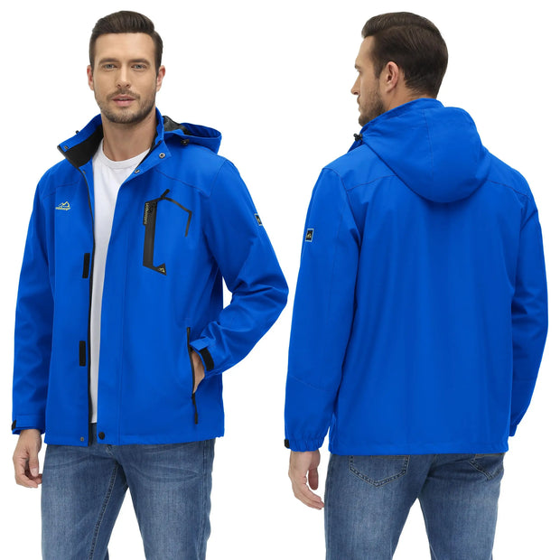 Blue jacket shown from front and back on a white background