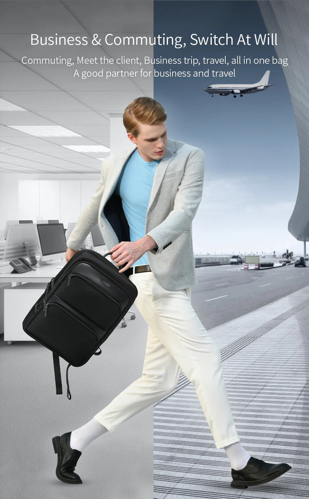 Man with a suitcase walking through an airport terminal with text about business and commuting.