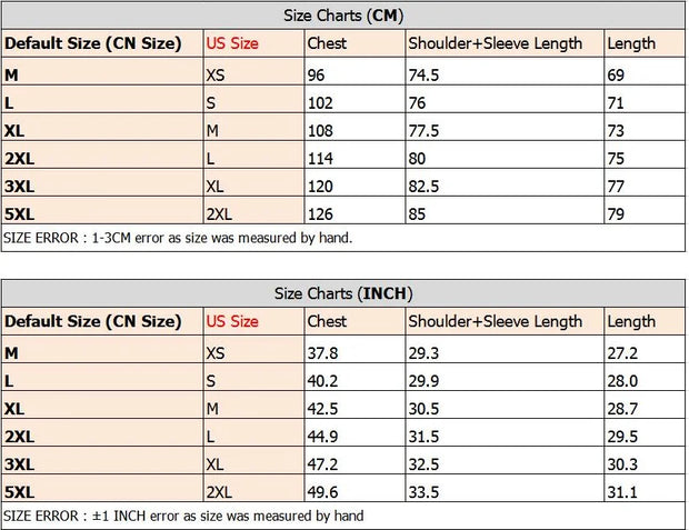 Size chart comparing Chinese (CN) and US sizes in centimeters and inches.