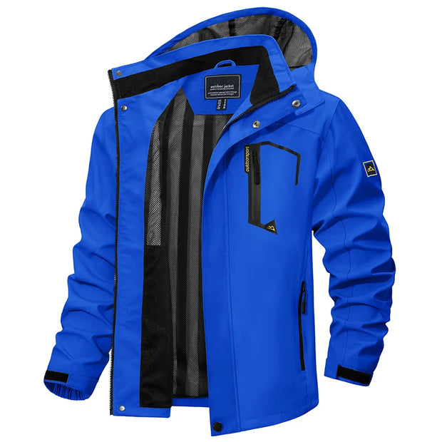 Blue jacket with black accents on a white background