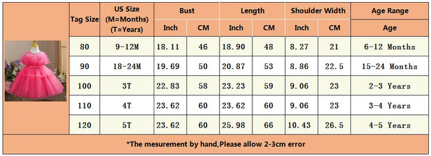 Table displaying dress measurements for different age groups and sizes with a pink dress on a mannequin.