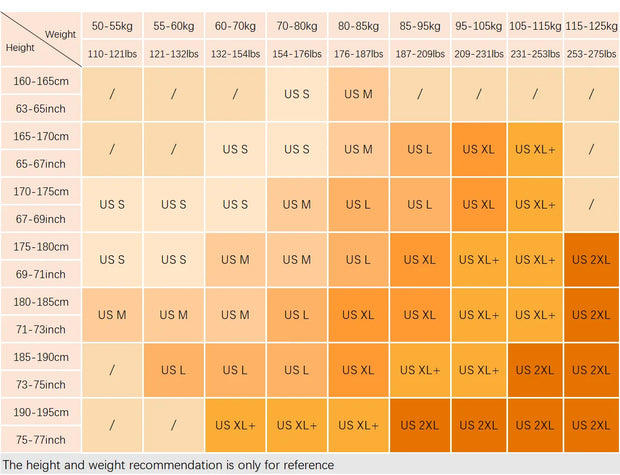 Height and weight chart with color-coded size recommendations