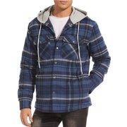 Blue plaid jacket with gray hood on a white background