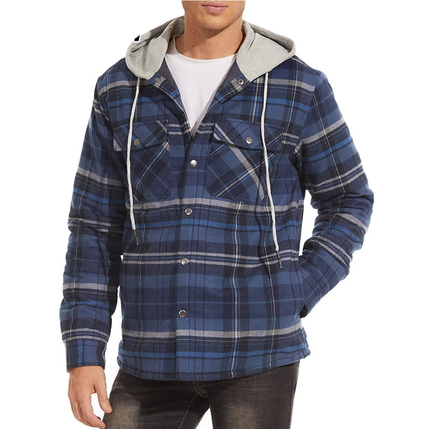 Blue plaid jacket with gray hood on a white background