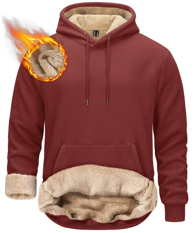 Red hoodie with beige fleece lining and flame graphic on a white background
