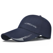 Navy blue cap with branding on a white background