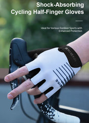 White cycling glove with black accents on a blurred background of a person riding a bike.