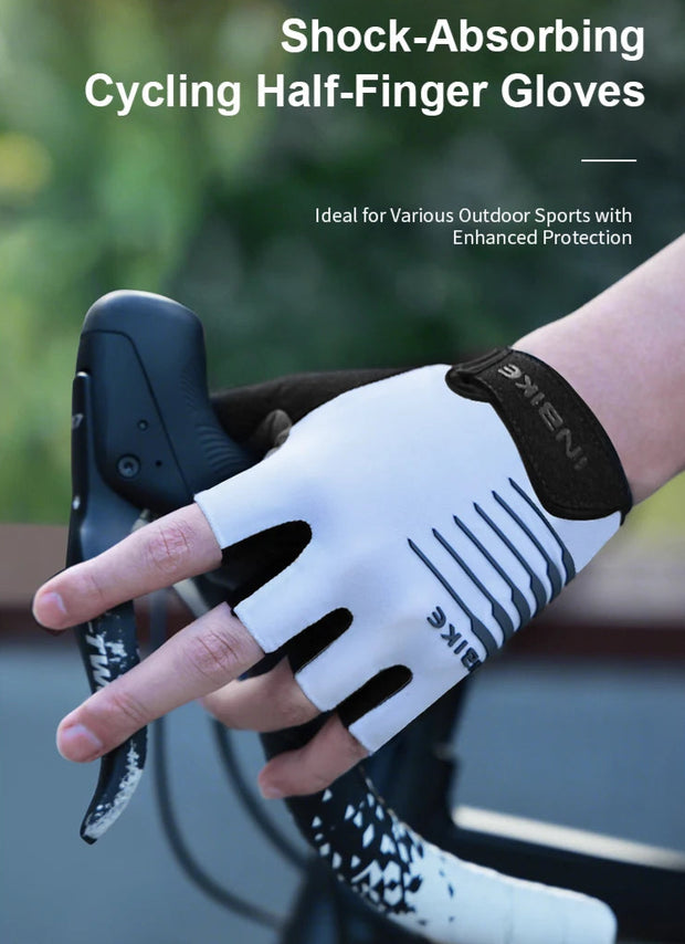 White cycling glove with black accents on a blurred background of a person riding a bike.