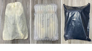 Three different types of packaging materials on a wooden surface.