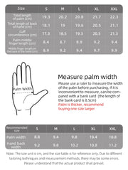Size chart for gloves with measurements in centimeters and a diagram of a hand.