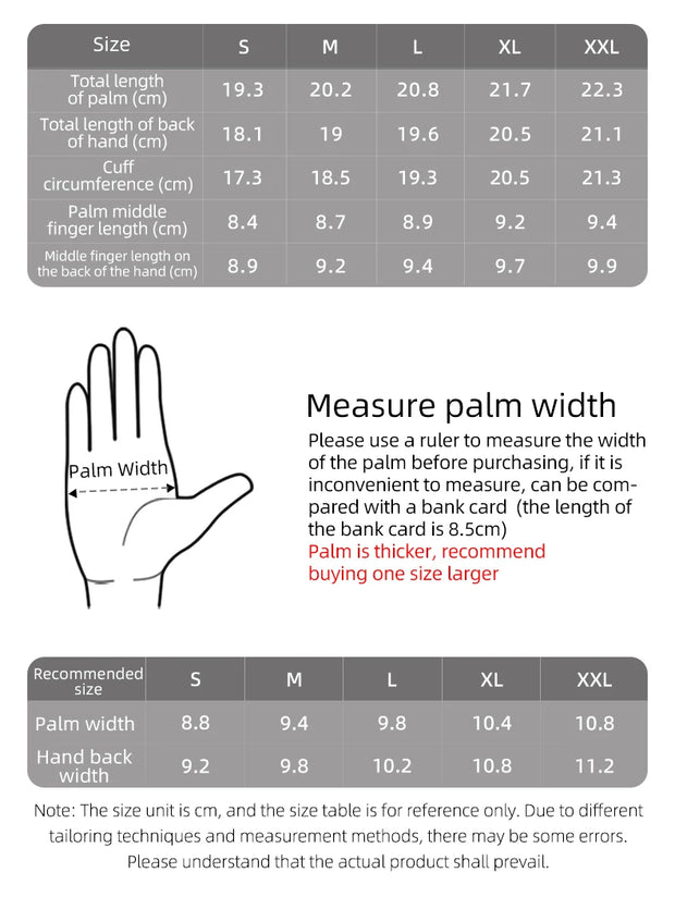 Size chart for gloves with measurements in centimeters and a diagram of a hand.