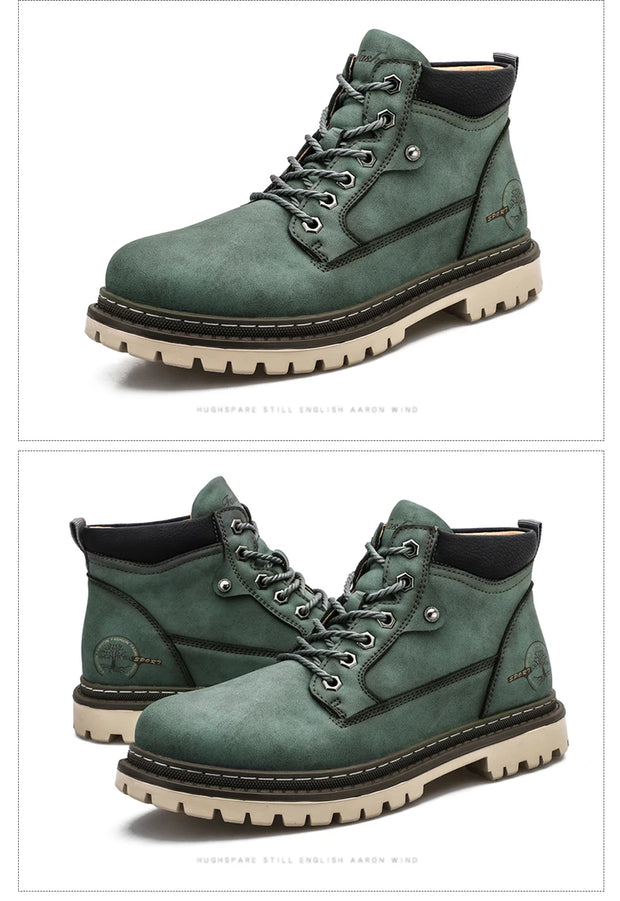 Green leather boots with beige soles on a white background
