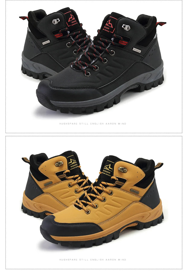 Two pairs of hiking boots, one black and gray, the other yellow and black, on a white background.