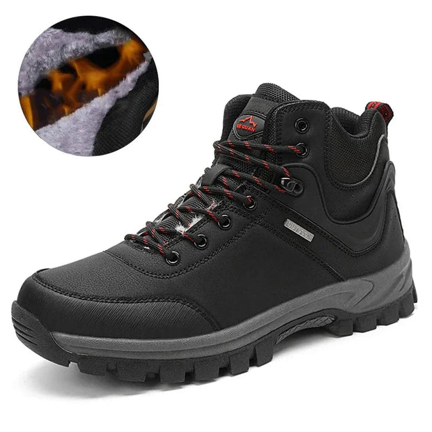 Black hiking boot with red accents on a white background, showing fur lining detail.