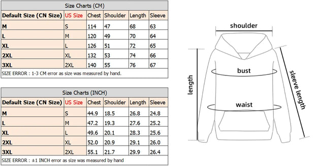 Size chart for a garment with measurements in centimeters and inches, including a diagram (sleeve length) and waist.