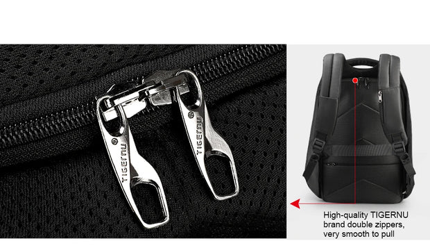 Close-up of a black backpack with double zippers and with a separate inset showing the zipper pull.