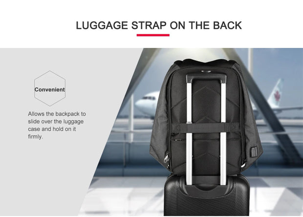 Black backpack with a luggage strap on a suitcase at an airport.