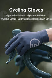 Cycling gloves with reflective and non-slip properties, held by a person on a blurred background.