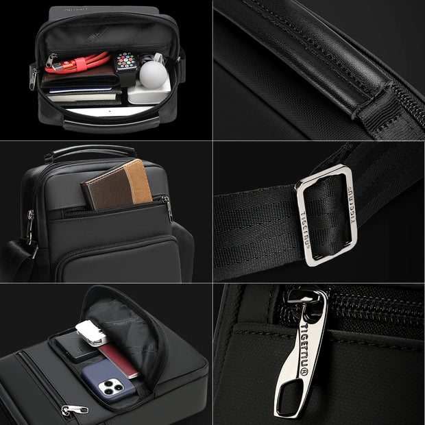 Collage of a black backpack with various compartments and features.