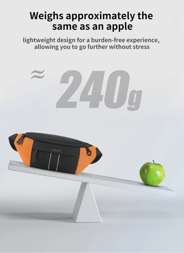 Black and orange bag on a scale with an apple, weighing approximately 240g.