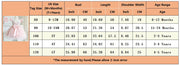 Size chart for children's dresses with measurements in inches and centimeters.