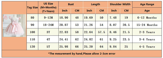 Size chart for children's dresses with measurements in inches and centimeters.