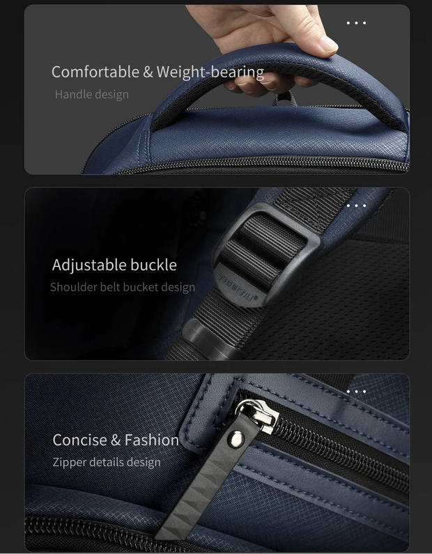 Close-up of a navy blue bag with handle, shoulder belt, and zipper details on a black background.