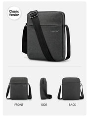 Gray shoulder bag side, and back views on a white background.