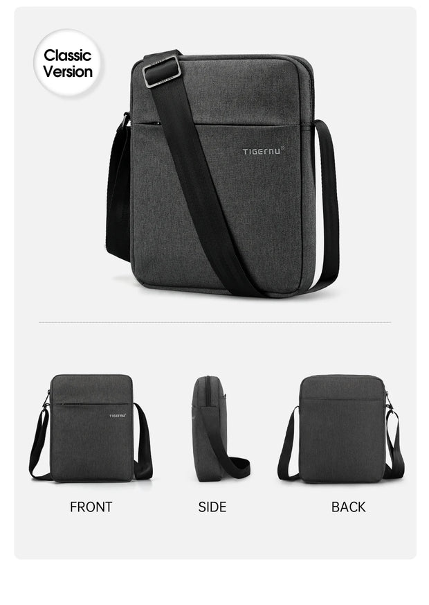 Gray shoulder bag side, and back views on a white background.