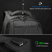Black backpack with water droplets demonstrating high-density waterproof material and USB charging port.