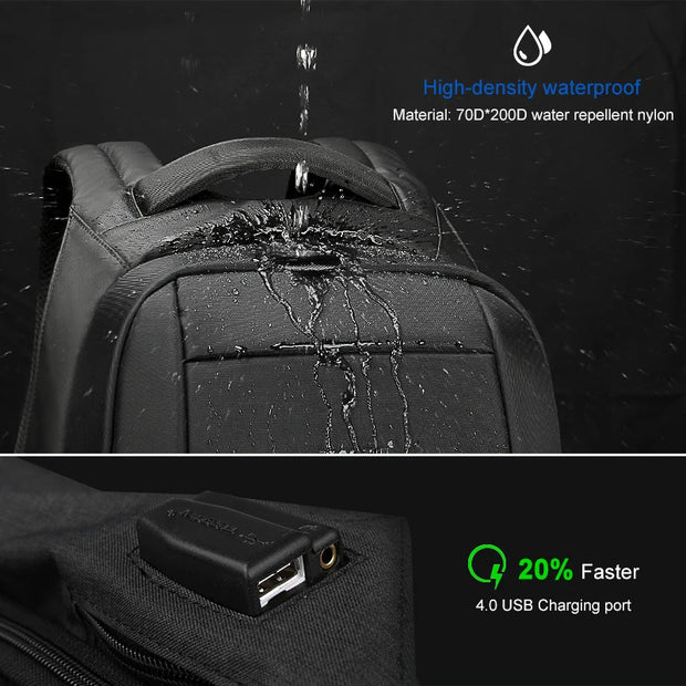 Black backpack with water droplets demonstrating high-density waterproof material and USB charging port.