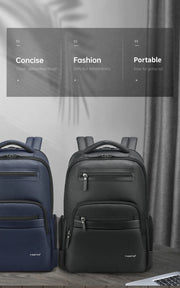 Two backpacks, one blue and one black, on a wooden surface with text describing features.