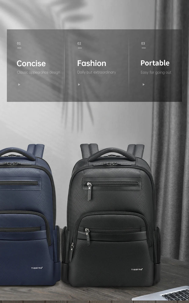 Two backpacks, one blue and one black, on a wooden surface with text describing features.