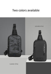 Two black crossbody bags, one with camouflage pattern and the other plain, on a gray background.