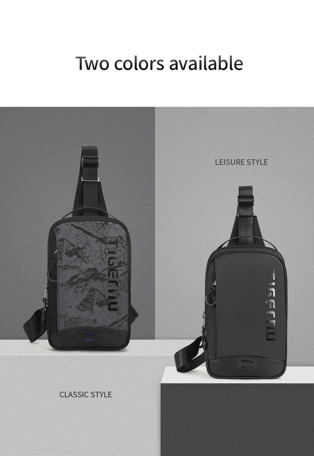 Two black crossbody bags, one with camouflage pattern and the other plain, on a gray background.